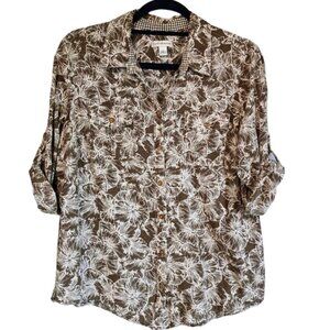 EUC Croft & Barrow 3/4 Sleeve Blouse Olive Green/White